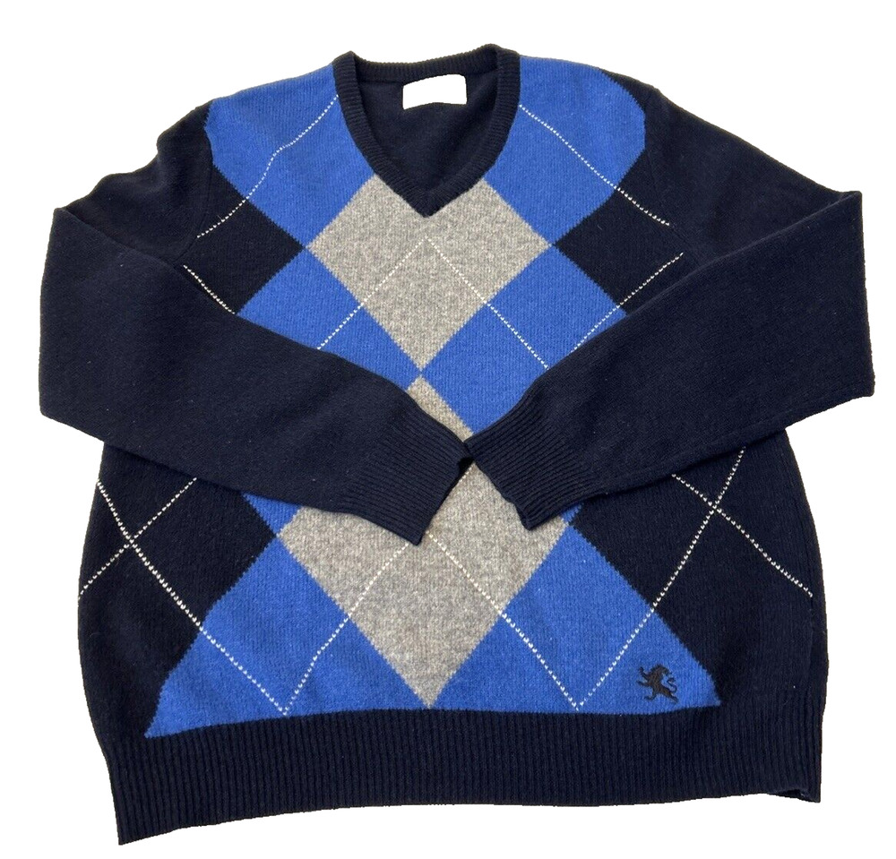 Express Men’s Lambs Wool Argyle Pullover Sweater Size L Blue & Grey V Neck